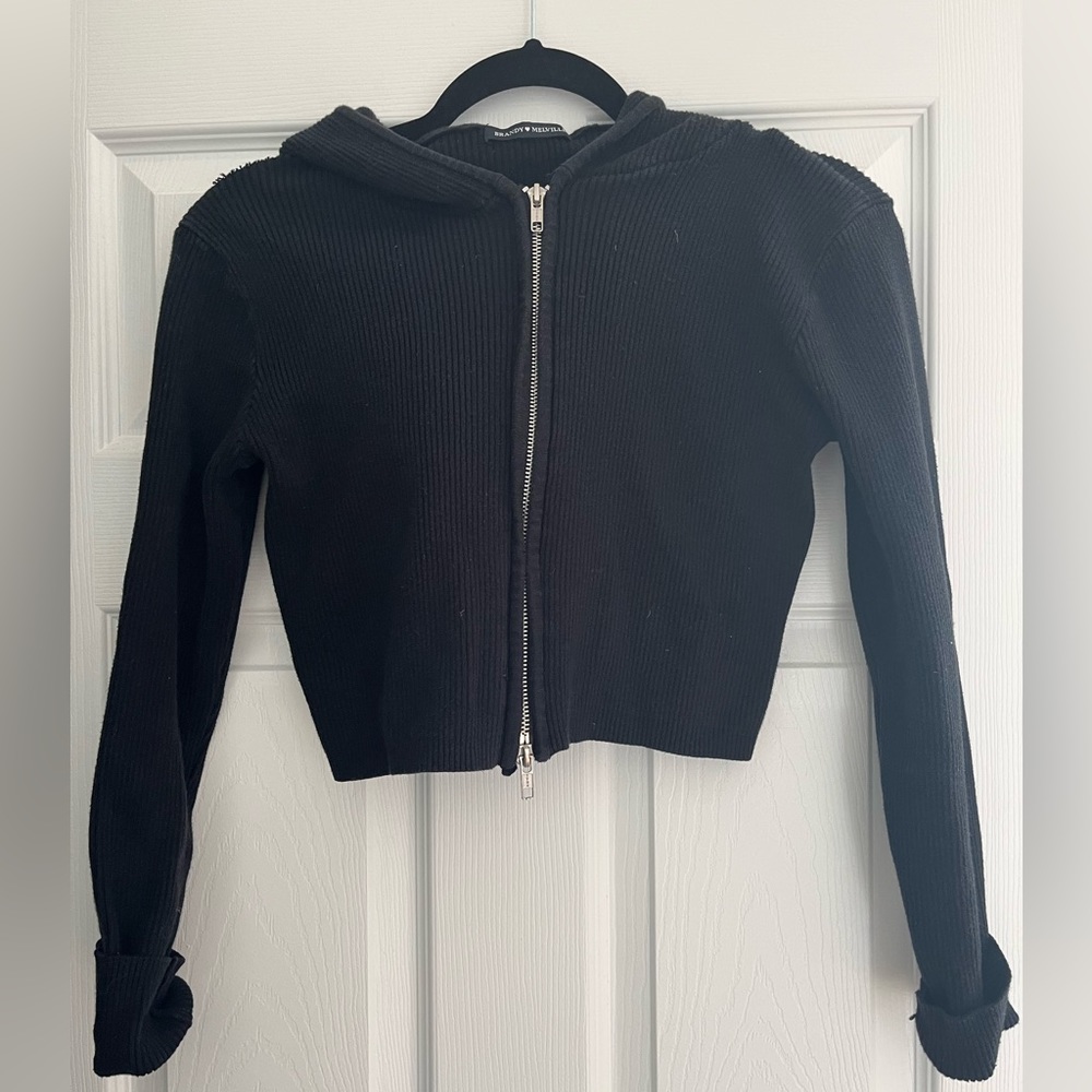 Brandy Melville Cropped Zip-Up Black Hoodie One Size